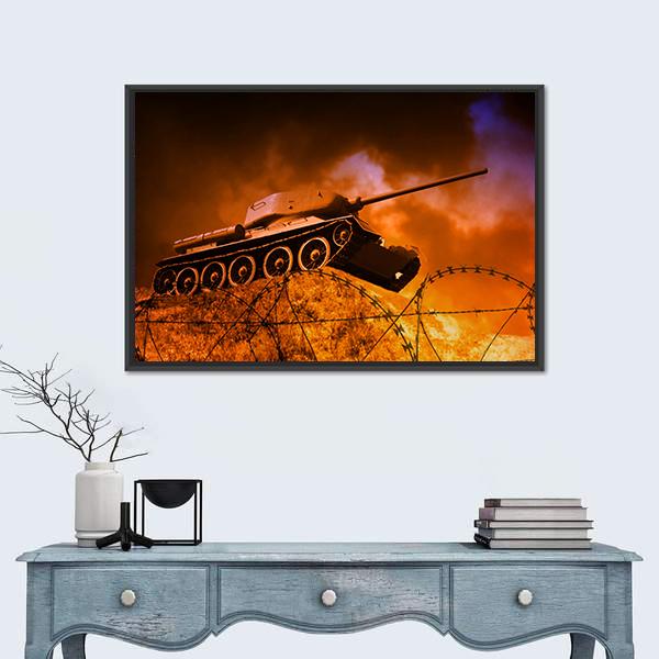 Old Tank On Battlefield Canvas Wall Art-1 Piece-Floating Frame-24" x 16"-Tiaracle