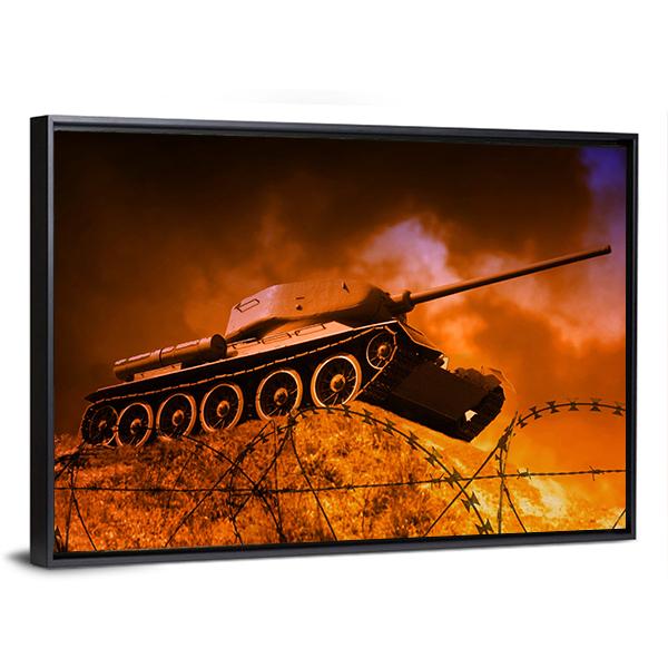 Old Tank On Battlefield Canvas Wall Art-3 Horizontal-Gallery Wrap-25" x 16"-Tiaracle