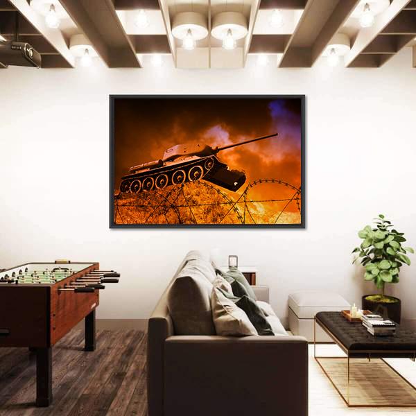 Old Tank On Battlefield Canvas Wall Art-3 Horizontal-Gallery Wrap-25" x 16"-Tiaracle