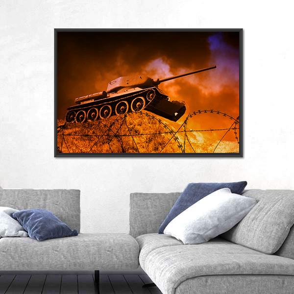 Old Tank On Battlefield Canvas Wall Art-3 Horizontal-Gallery Wrap-25" x 16"-Tiaracle