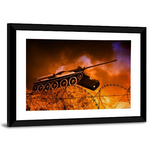 Old Tank On Battlefield Canvas Wall Art-3 Horizontal-Gallery Wrap-25" x 16"-Tiaracle