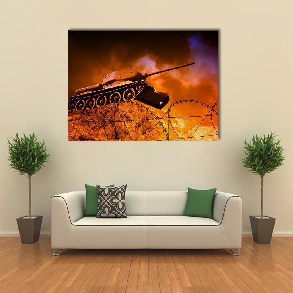 Soviet Tank on Battlefield Canvas Wall Art in black, orange and yellow, single panel hung on a wall
