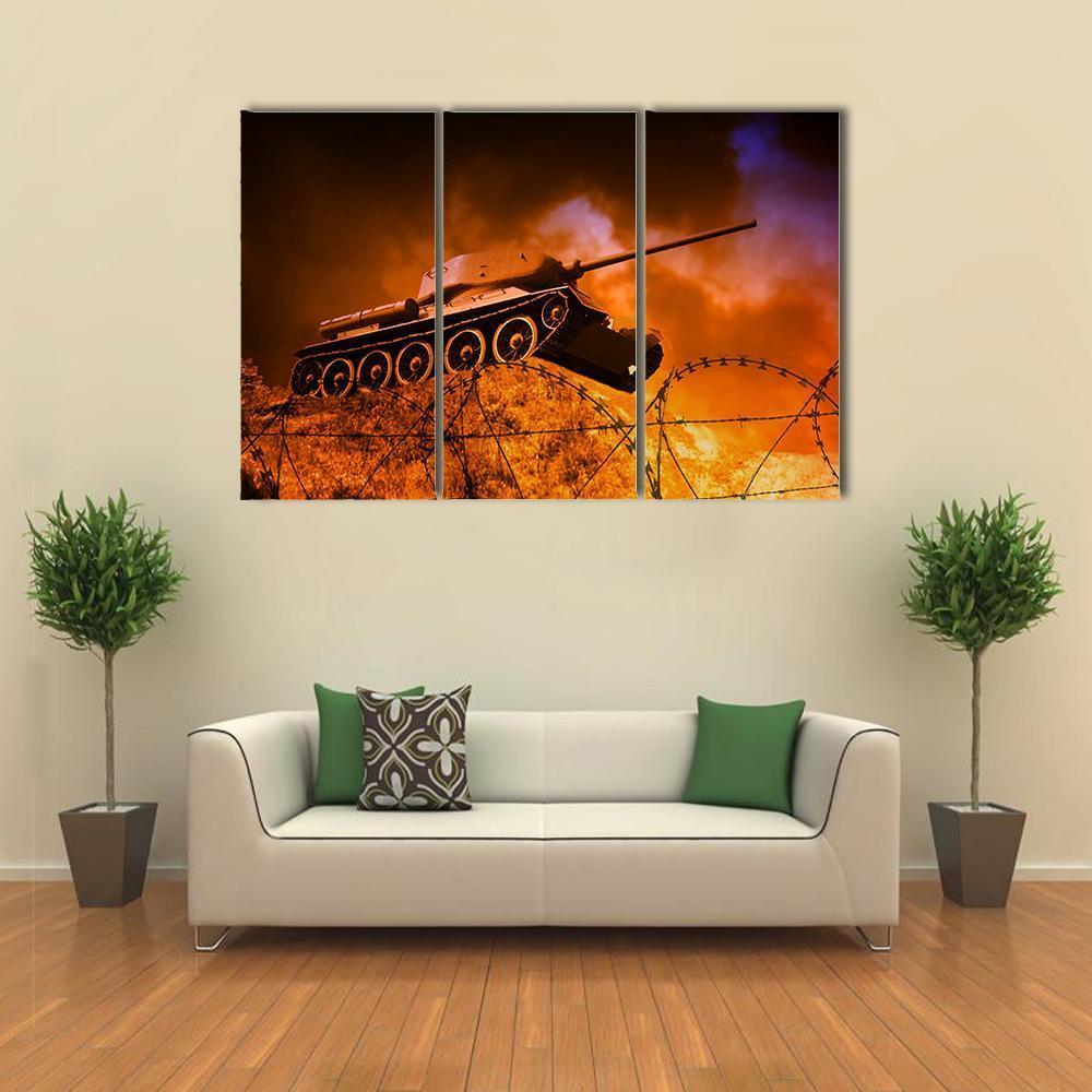 Old Tank On Battlefield Canvas Wall Art-3 Horizontal-Gallery Wrap-37" x 24"-Tiaracle