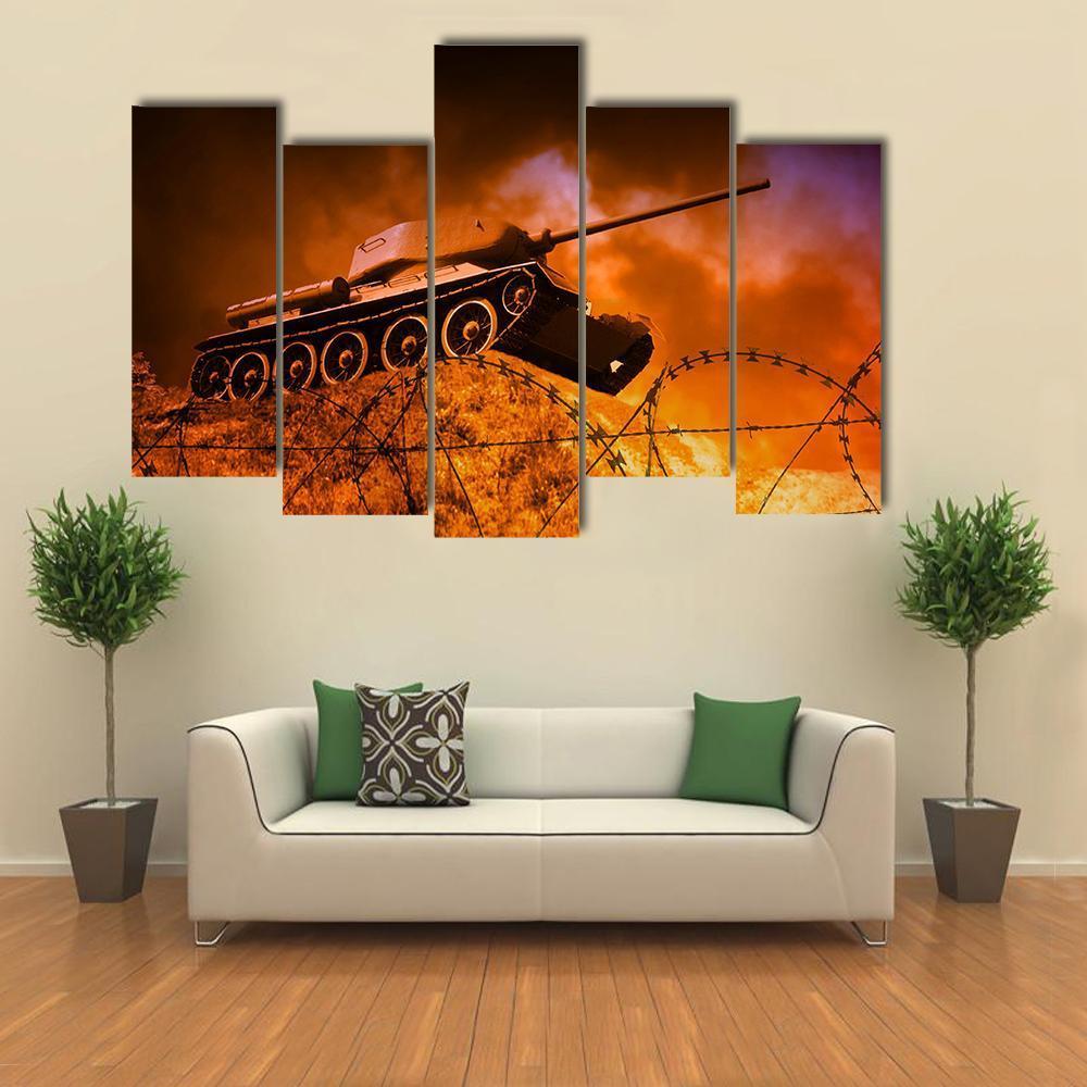 Old Tank On Battlefield Canvas Wall Art-5 Pop-Gallery Wrap-47" x 32"-Tiaracle