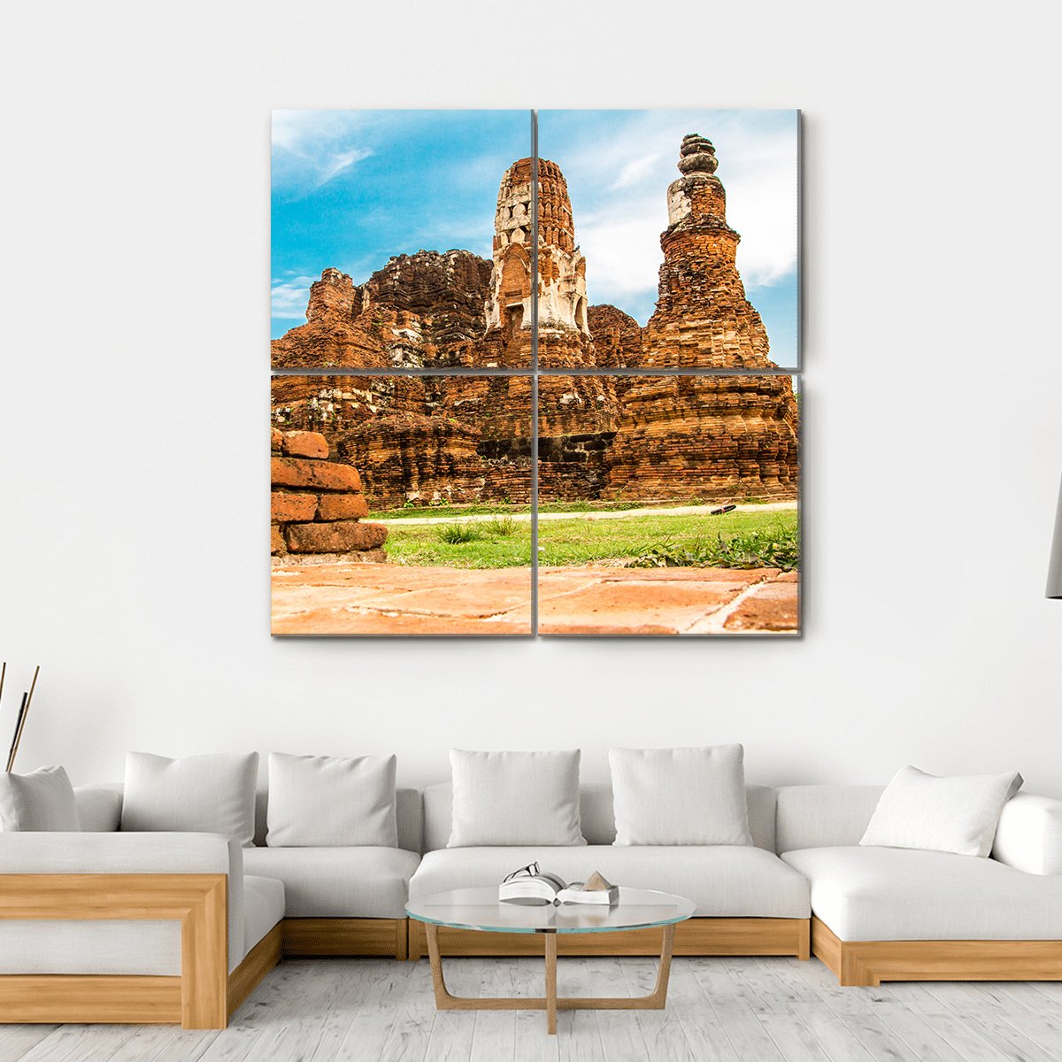 Temple Wat Of Ayutthaya Canvas Wall Art-4 Square-Gallery Wrap-17" x 17"-Tiaracle