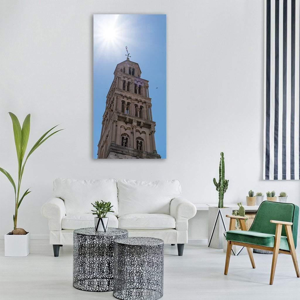 Historic Bell Tower in Croatia Vertical Canvas Wall Art in gray, beige and blue, single vertical panel hung on a wall