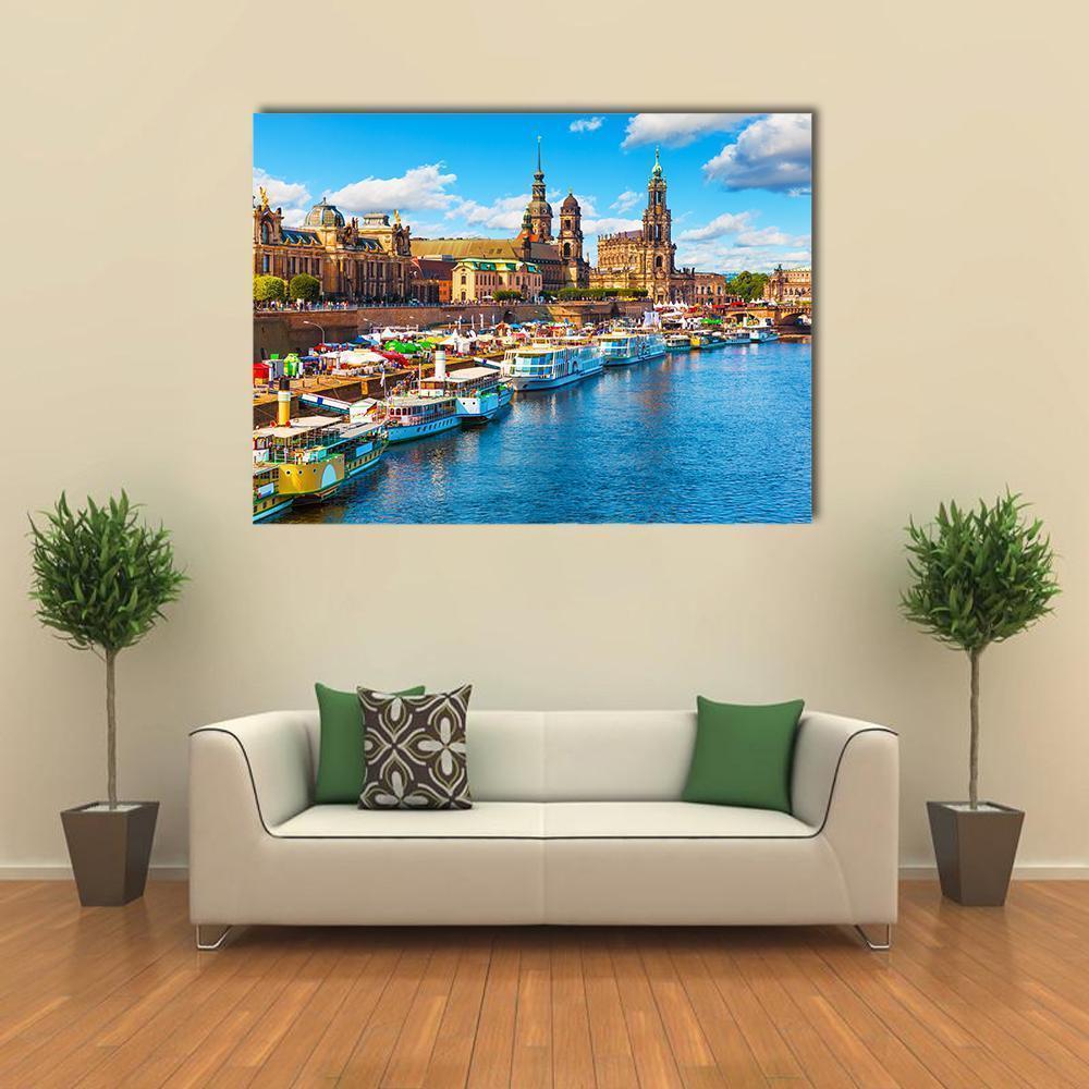 Old Town on the Elbe River, Dresden Canvas Wall Art in brown, yellow and blue, single panel hung on a wall