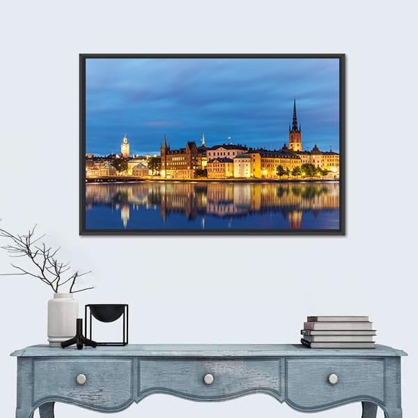Old Town Gamla Stan at Twilight Canvas Wall Art in orange, yellow and blue, framed canvas, product view on a white background