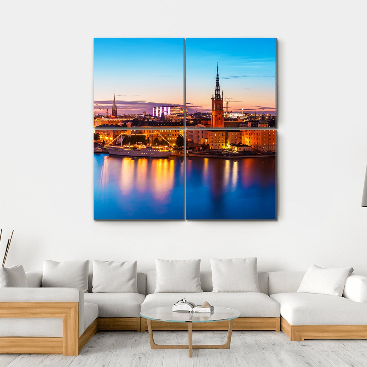 Gamla Stan Waterfront at Dusk Canvas Wall Art in orange, yellow and blue, hung on a wall