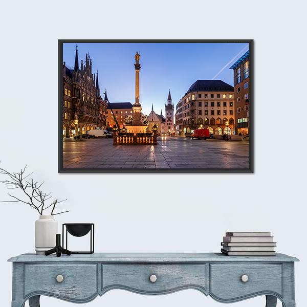 Old Town Hall &amp; Marienplatz Bavaria Canvas Wall Art-1 Piece-Floating Frame-24" x 16"-Tiaracle