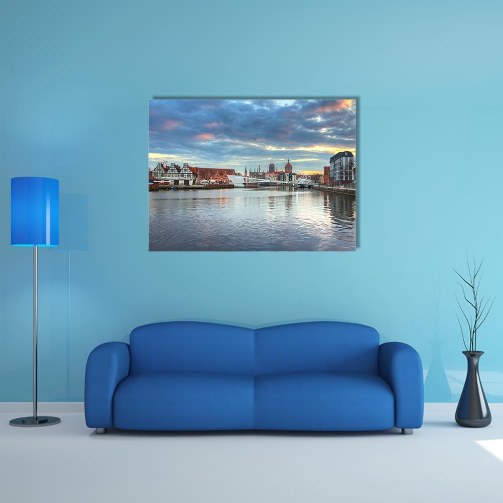 Gdansk Old Town Riverfront at Sunset Canvas Wall Art in gray, orange and blue, single panel hung on a wall