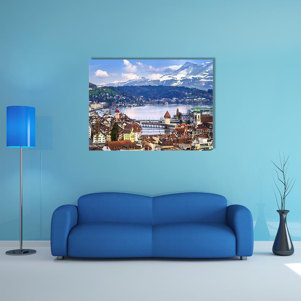 Old Town Lake with Wooden Bridge Canvas Wall Art in white, brown and blue, single panel hung on a wall