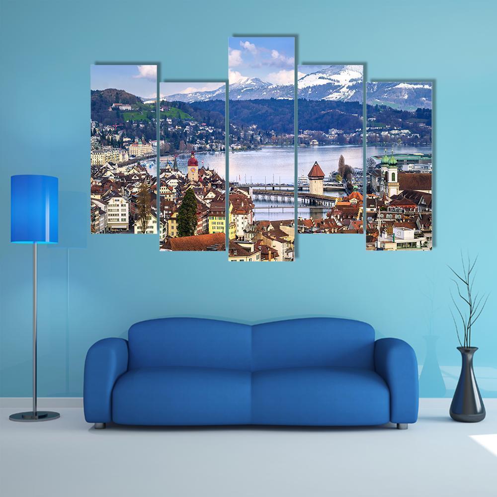 Old Town With Lake Canvas Wall Art-5 Pop-Gallery Wrap-47" x 32"-Tiaracle