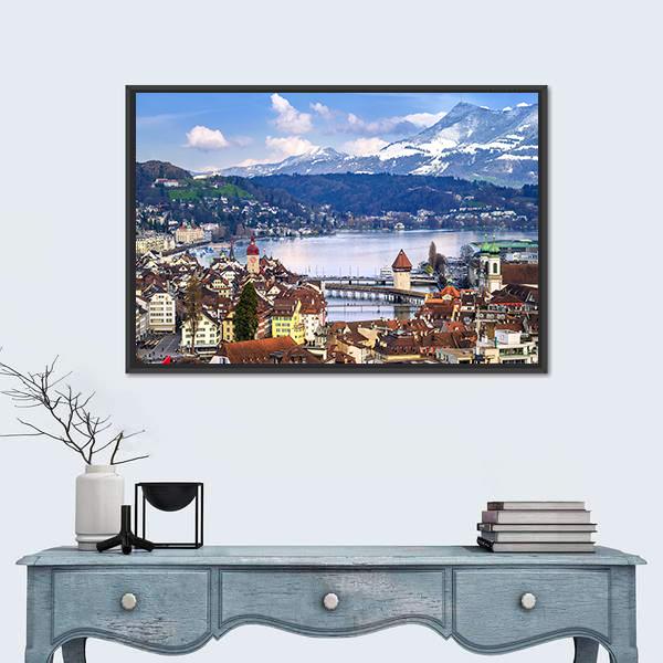 Old Town With Lake Canvas Wall Art-1 Piece-Floating Frame-24" x 16"-Tiaracle