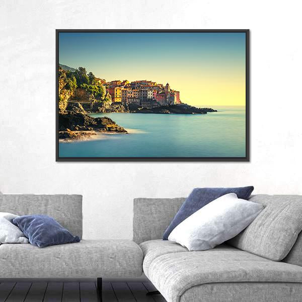 Old Village On Sea Canvas Wall Art-1 Piece-Floating Frame-24" x 16"-Tiaracle