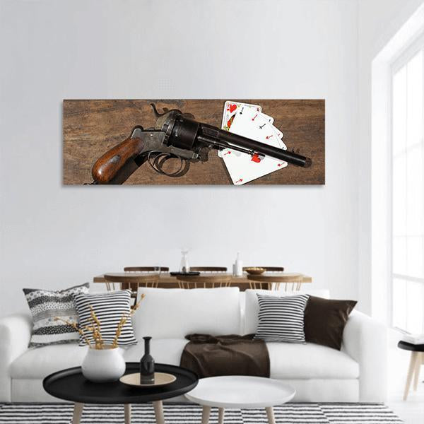 Gun & Cards On Table Panoramic Canvas Wall Art-3 Piece-25" x 08"-Tiaracle