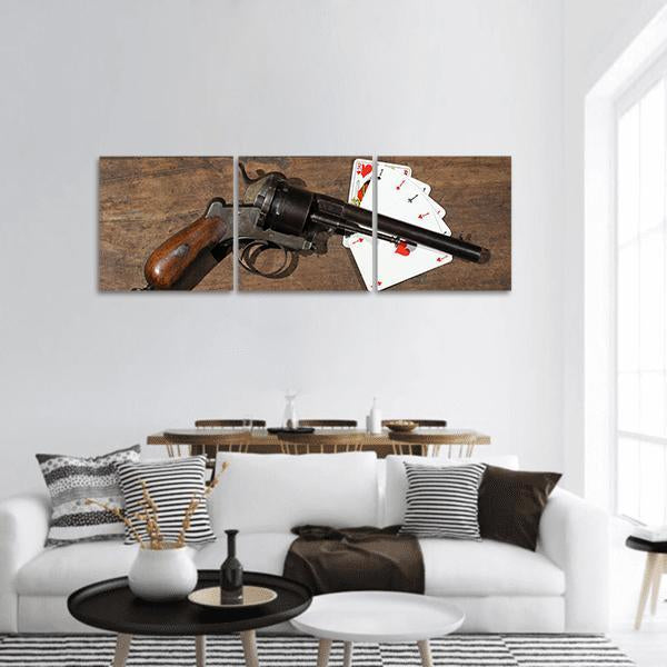 Gun & Cards On Table Panoramic Canvas Wall Art-3 Piece-25" x 08"-Tiaracle