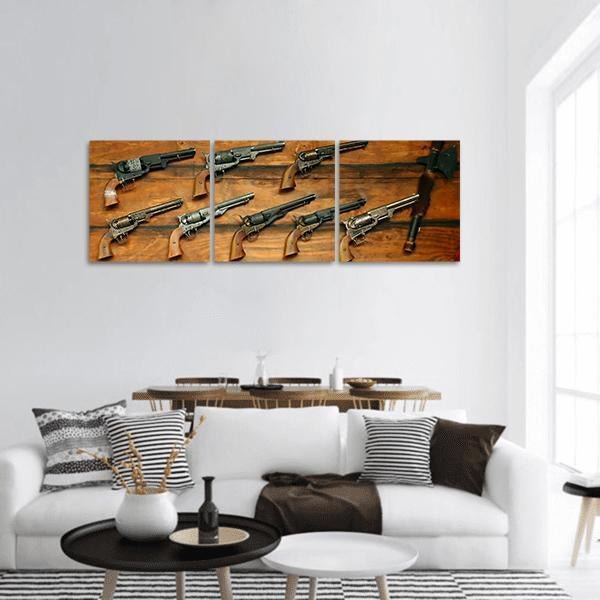 Guns &amp; Rifles Panoramic Canvas Wall Art-3 Piece-25" x 08"-Tiaracle