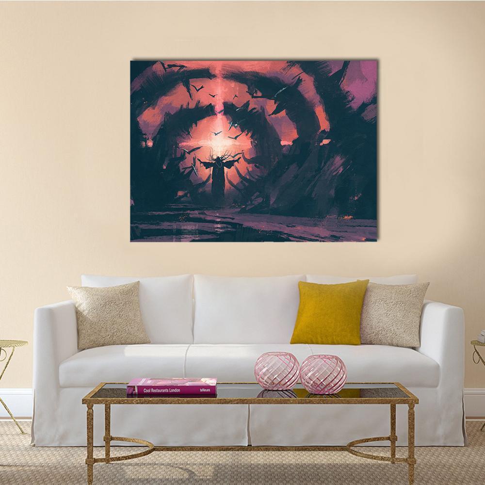 Antlered Cloaked Figure at Glowing Portal Canvas Wall Art in black, red and purple, single panel hung on a wall