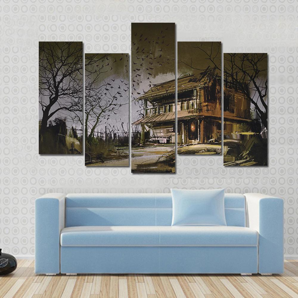 Old Wooden Abandoned House Canvas Wall Art-5 Pop-Gallery Wrap-47" x 32"-Tiaracle