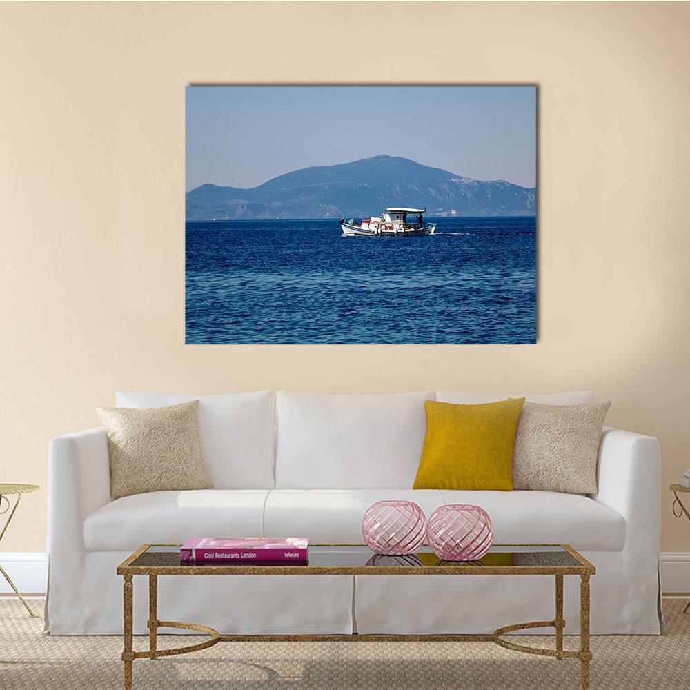 White Cabin Boat on Calm Blue Sea Canvas Wall Art in white and blue, single panel hung on a wall
