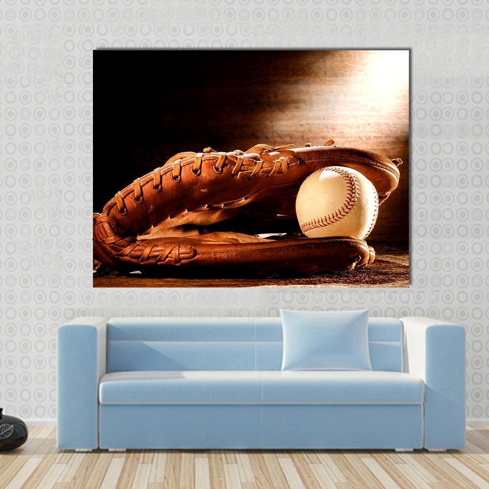 Leather Baseball Glove and Stitched Baseball Canvas Wall Art in black, white and brown, single panel hung on a wall