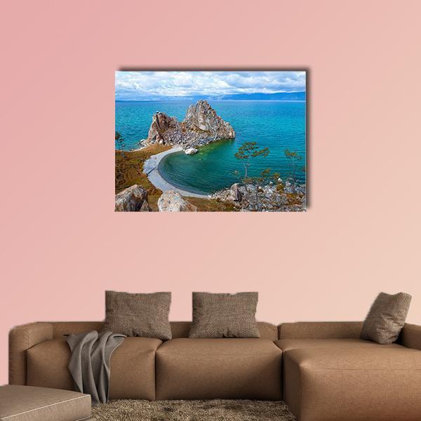 Olkhon Island Rocky Shore Canvas Wall Art in gray, brown and blue, single panel hung on a wall