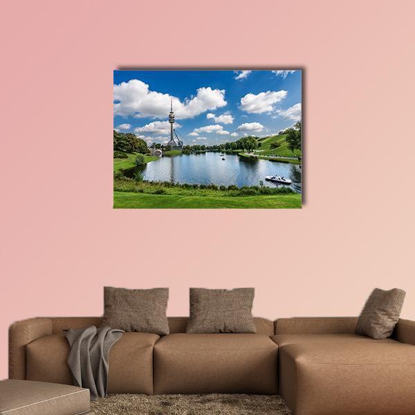 Olympic Lake In Munich Canvas Wall Art-1 Piece-Gallery Wrap-48" x 32"-Tiaracle