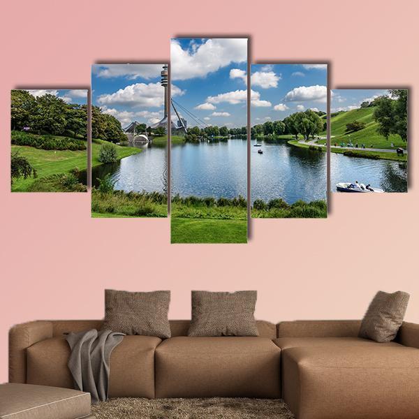 Olympic Lake In Munich Canvas Wall Art-5 Star-Gallery Wrap-62" x 32"-Tiaracle
