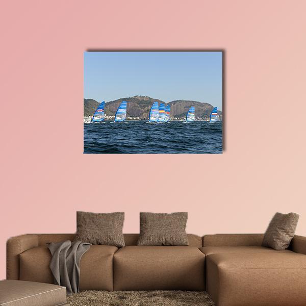 Olympic Sailboat Race in Brazil Canvas Wall Art in gray, blue and navy, single panel hung on a wall