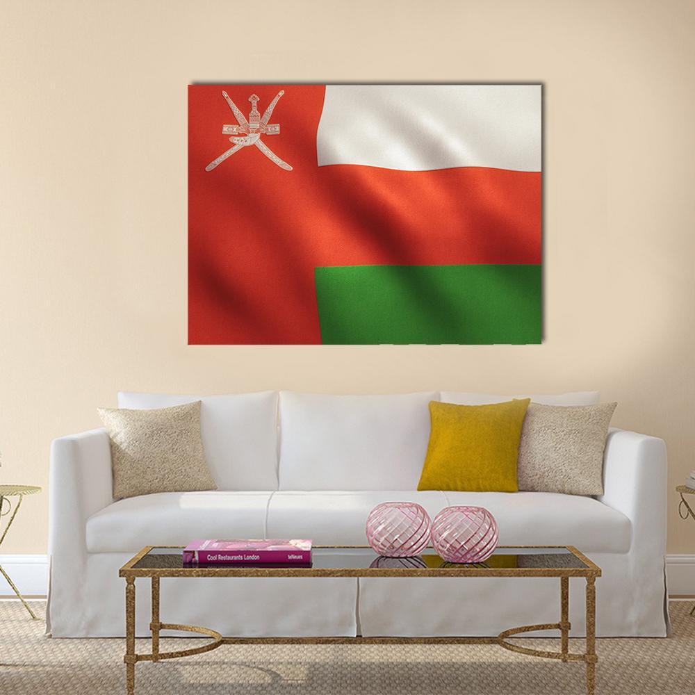 Oman Flag with National Emblem Canvas Wall Art in white, red and green, single panel hung on a wall