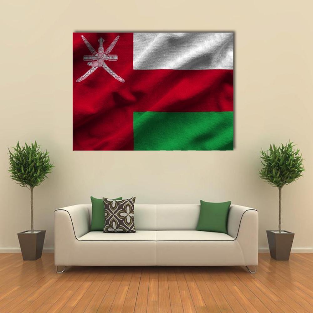 Waving Oman Flag Canvas Wall Art in white, red and green, single panel hung on a wall