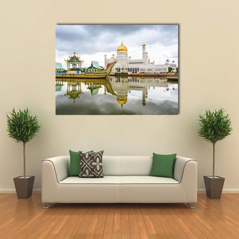 Omar Ali Saifuddien Mosque Reflection Canvas Wall Art in white, gray and gold, single panel hung on a wall