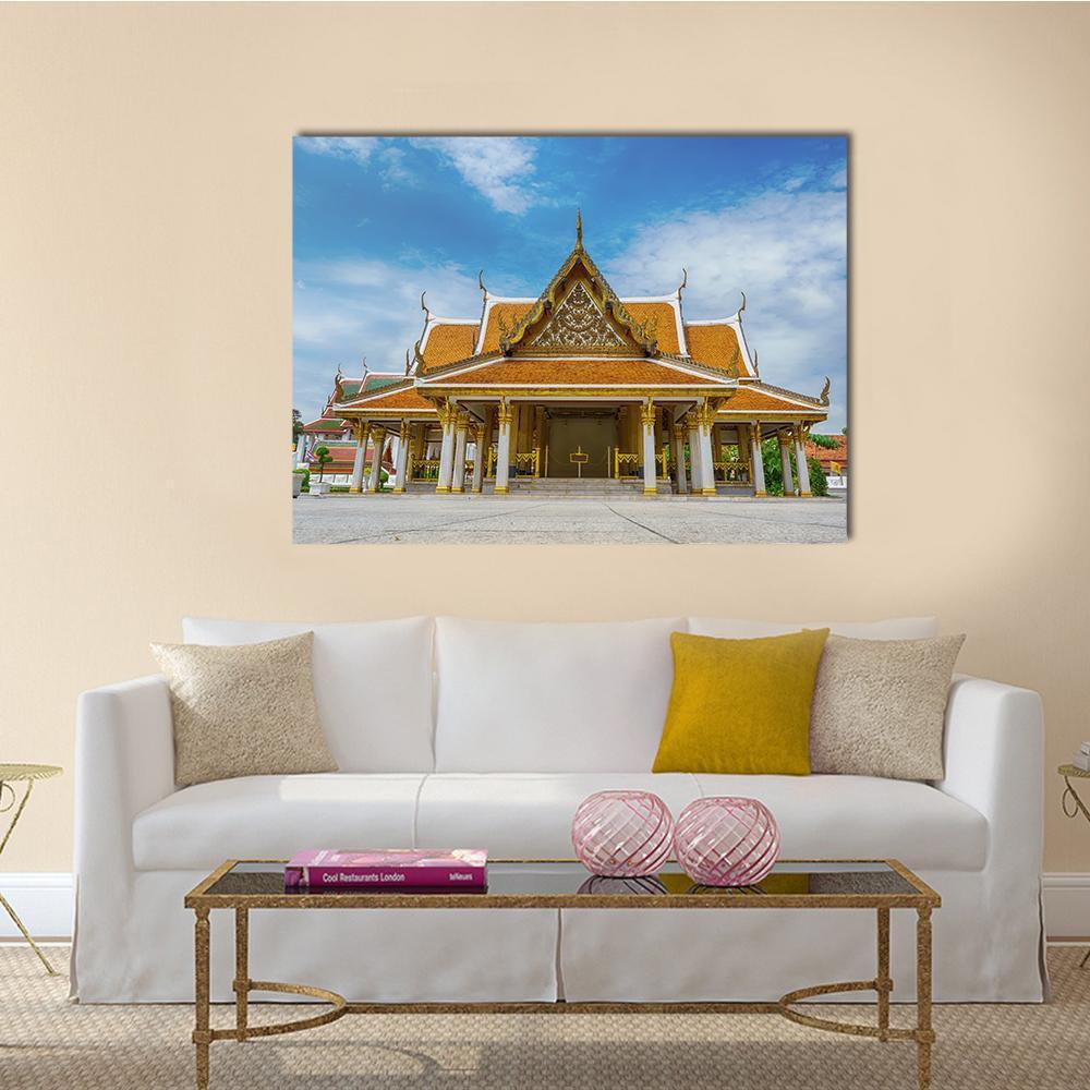Mahajetsadabodin Royal Pavilion Canvas Wall Art in white, gold and blue, single panel hung on a wall