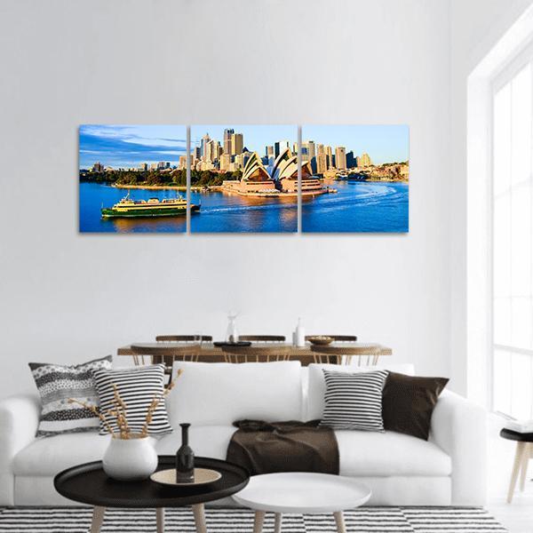 Sydney Opera House Harbor View Panoramic Canvas Wall Art in white, beige and blue, hung on a wall