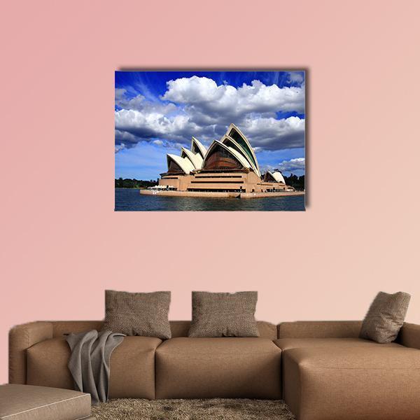 Sydney Opera House Canvas Wall Art in white, beige and blue, single panel hung on a wall