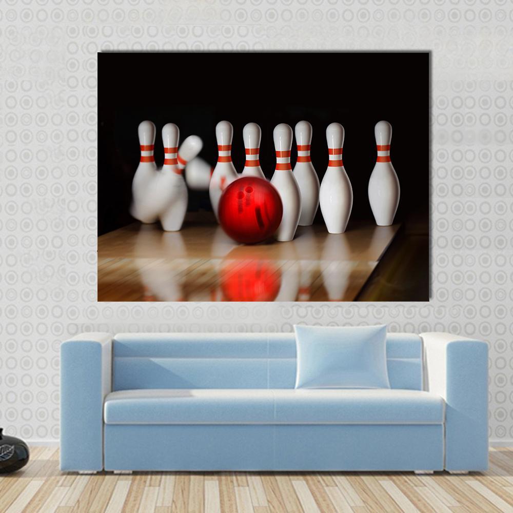 Bowling Strike Canvas Wall Art in black, white and red, single panel hung on a wall