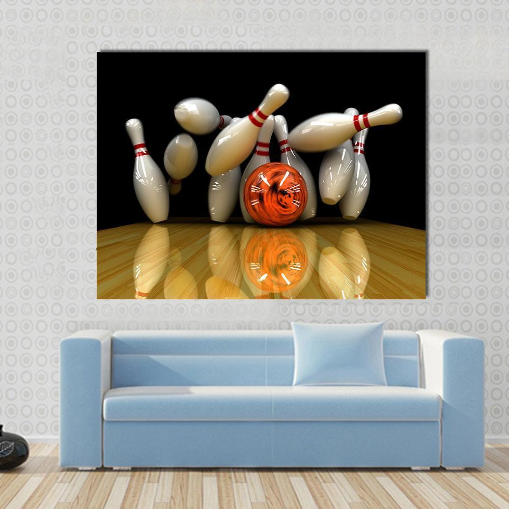 Orange Bowling Ball Strike Canvas Wall Art in black, white and orange, single panel hung on a wall