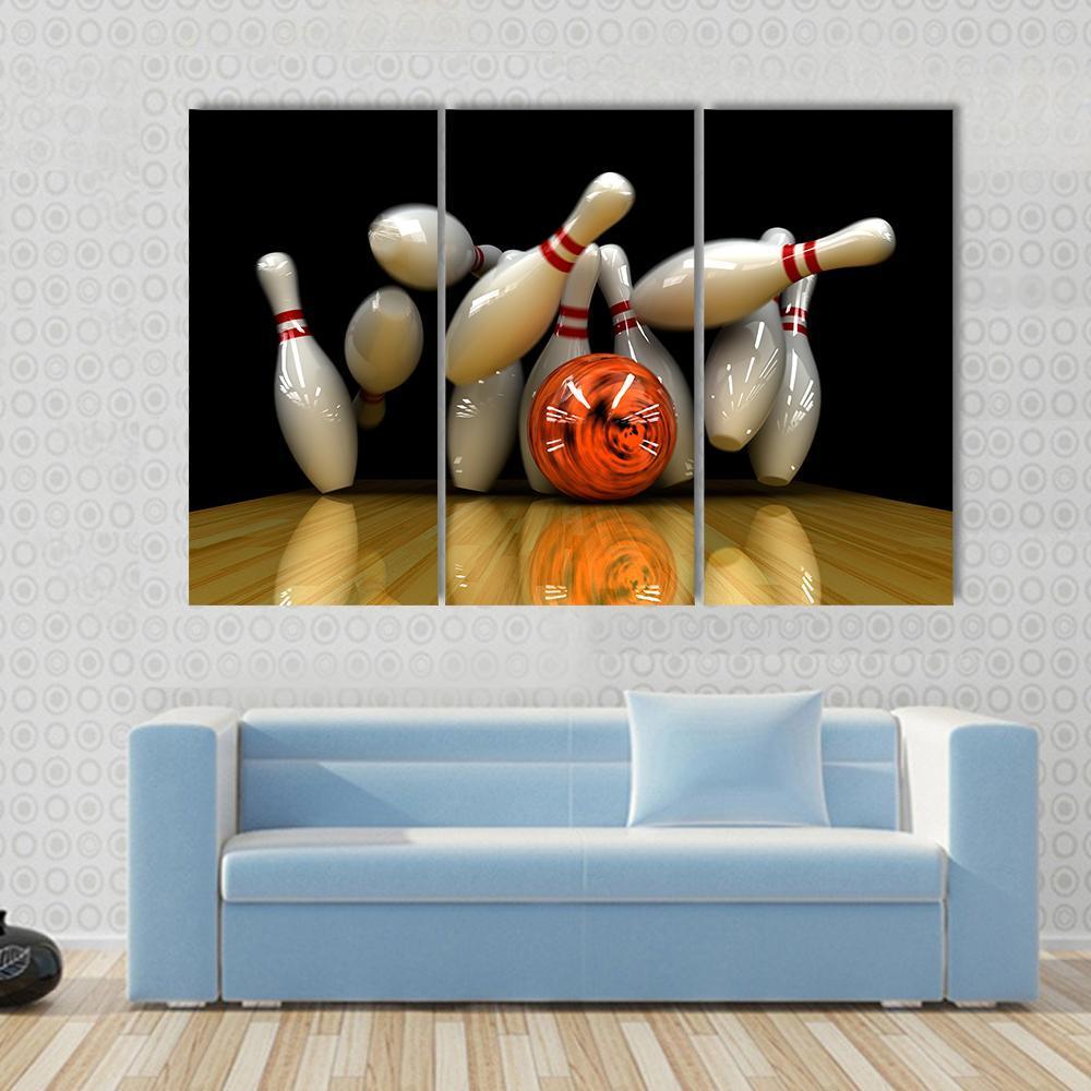 Orange Bowling Ball Strike Canvas Wall Art in black, white and orange, 5 panel Pop layout hung on a wall