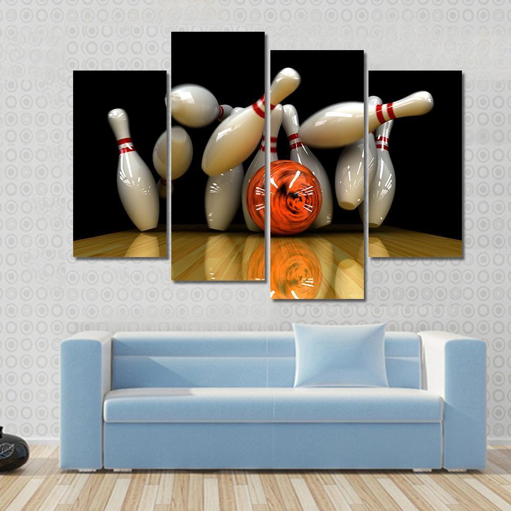 Orange Bowling Ball Strike Canvas Wall Art in black, white and orange, 5 panel Pop layout hung on a wall