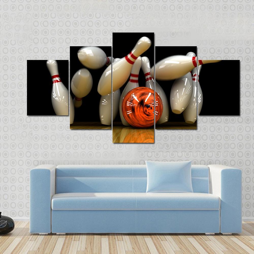 Orange Bowling Ball Strike Canvas Wall Art in black, white and orange, 5 panel Pop layout hung on a wall