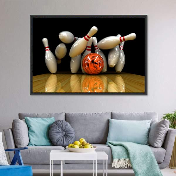Orange Bowling Ball Strike Canvas Wall Art in black, white and orange, 5 panel Pop layout hung on a wall