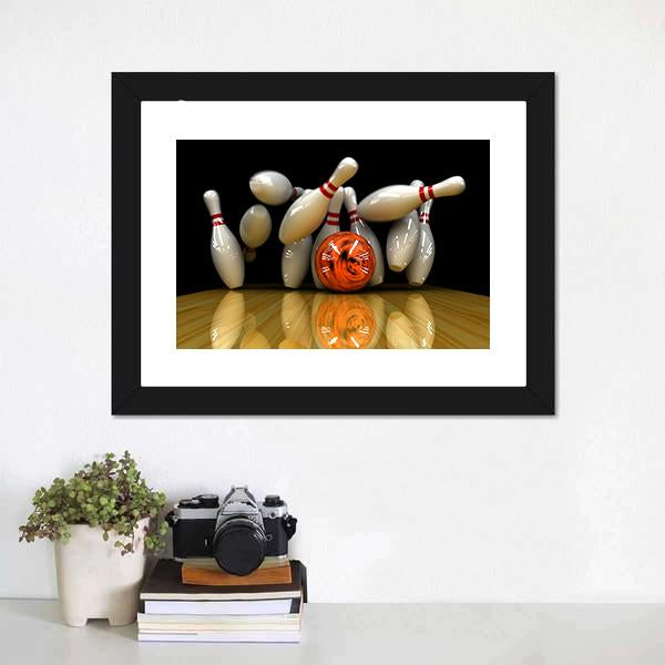 Orange Bowling Ball Strike Canvas Wall Art in black, white and orange, 5 panel Pop layout hung on a wall