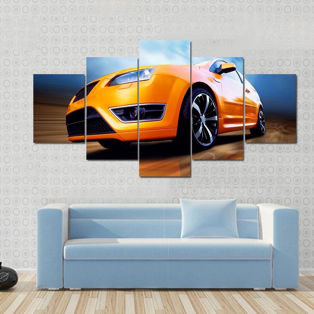 Orange Sports Car Canvas Wall Art-5 Star-Gallery Wrap-62" x 32"-Tiaracle