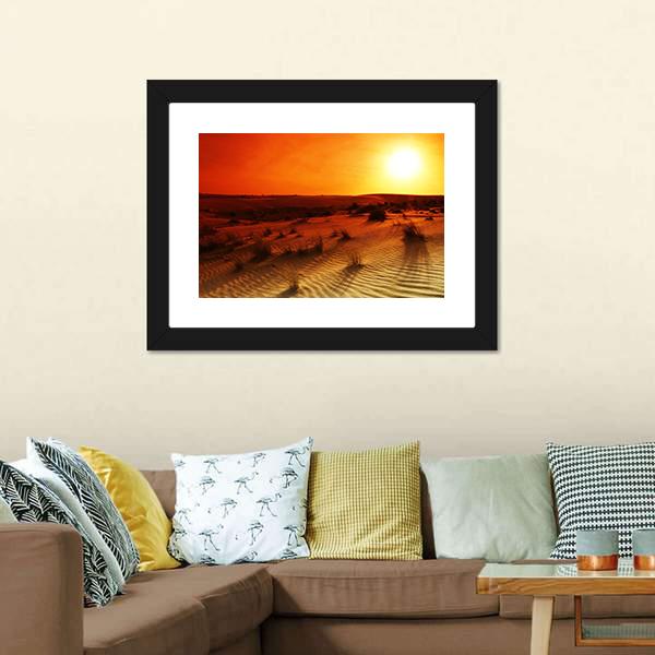 Orange Sunset In Desert Canvas Wall Art-1 Piece-Framed Print-20" x 16"-Tiaracle