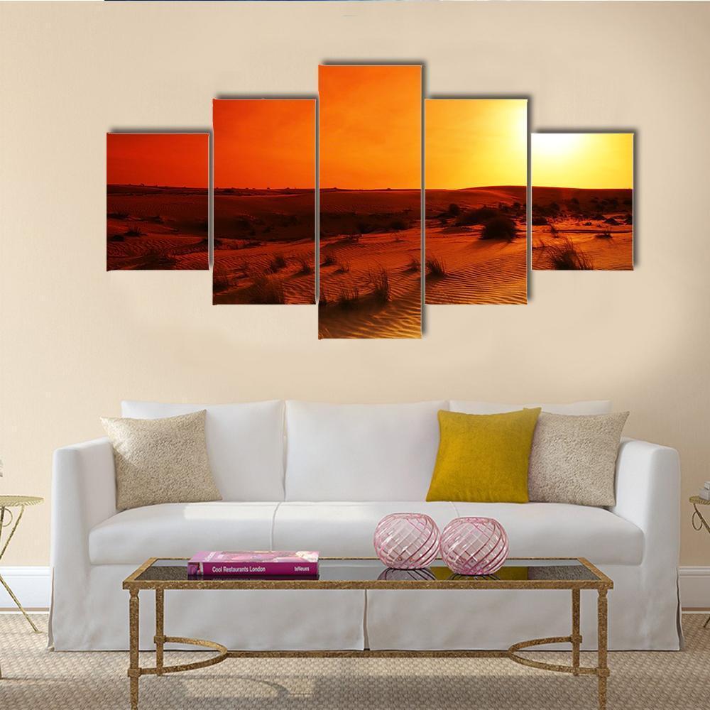 Orange Sunset In Desert Canvas Wall Art-5 Pop-Gallery Wrap-47" x 32"-Tiaracle