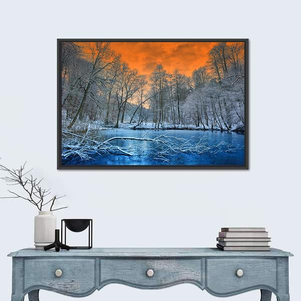 Orange Sunset In Winter Canvas Wall Art-1 Piece-Floating Frame-24" x 16"-Tiaracle