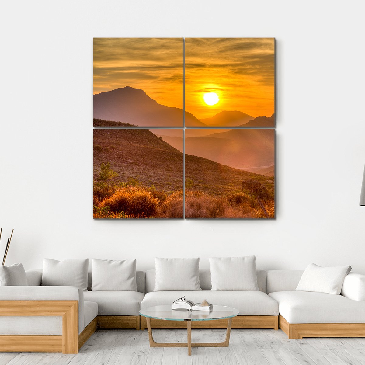 Orange Sunset Over Mountain Canvas Wall Art-4 Square-Gallery Wrap-17" x 17"-Tiaracle
