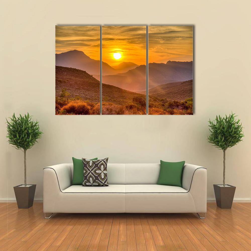 Orange Sunset Over Mountain Canvas Wall Art-3 Horizontal-Gallery Wrap-37" x 24"-Tiaracle