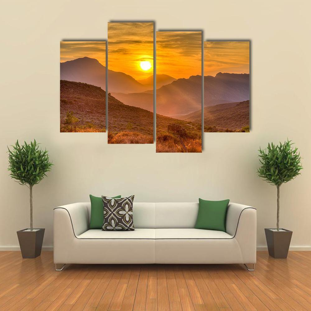 Orange Sunset Over Mountain Canvas Wall Art-4 Pop-Gallery Wrap-50" x 32"-Tiaracle